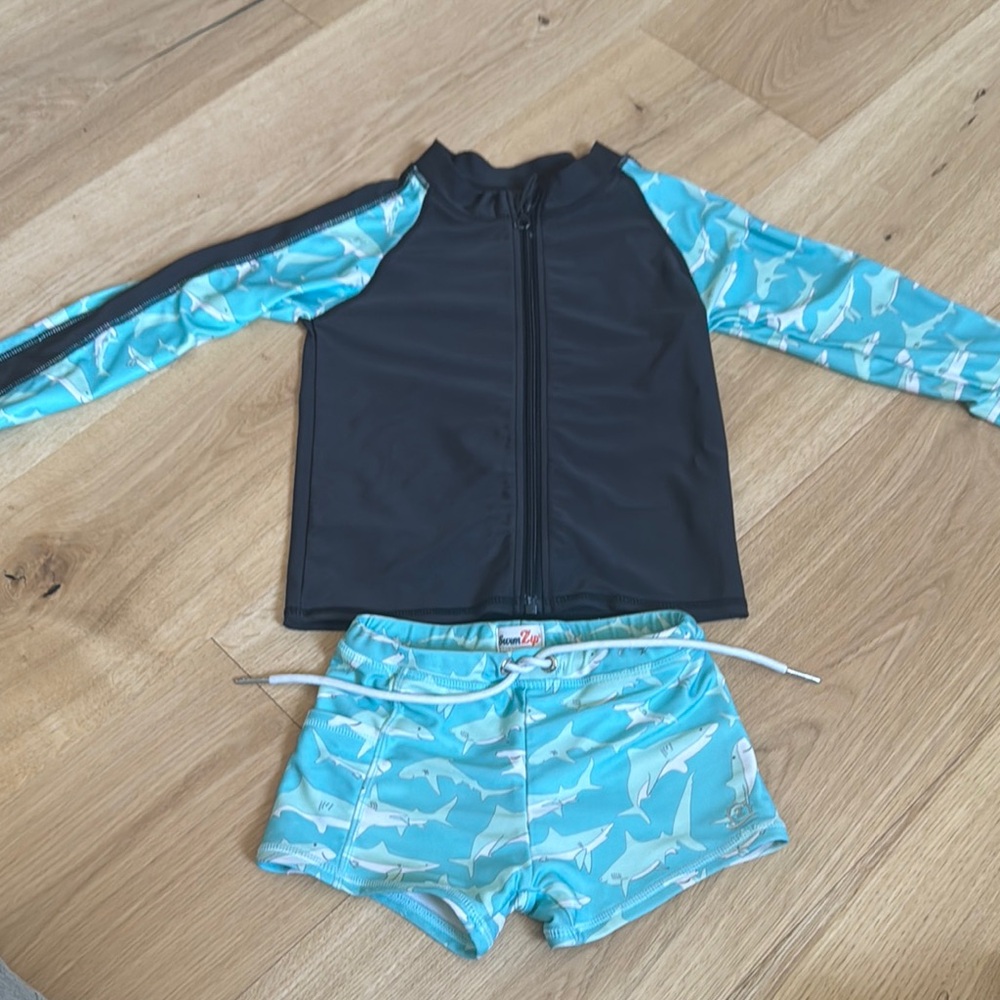 Swim Zip - Boys Swim Set - Black and Blue Shark Print 4T